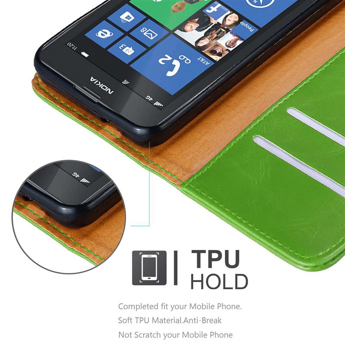 Telefono Nokia in una custodia a portafoglio verde e marrone. Il testo indica un supporto in TPU.