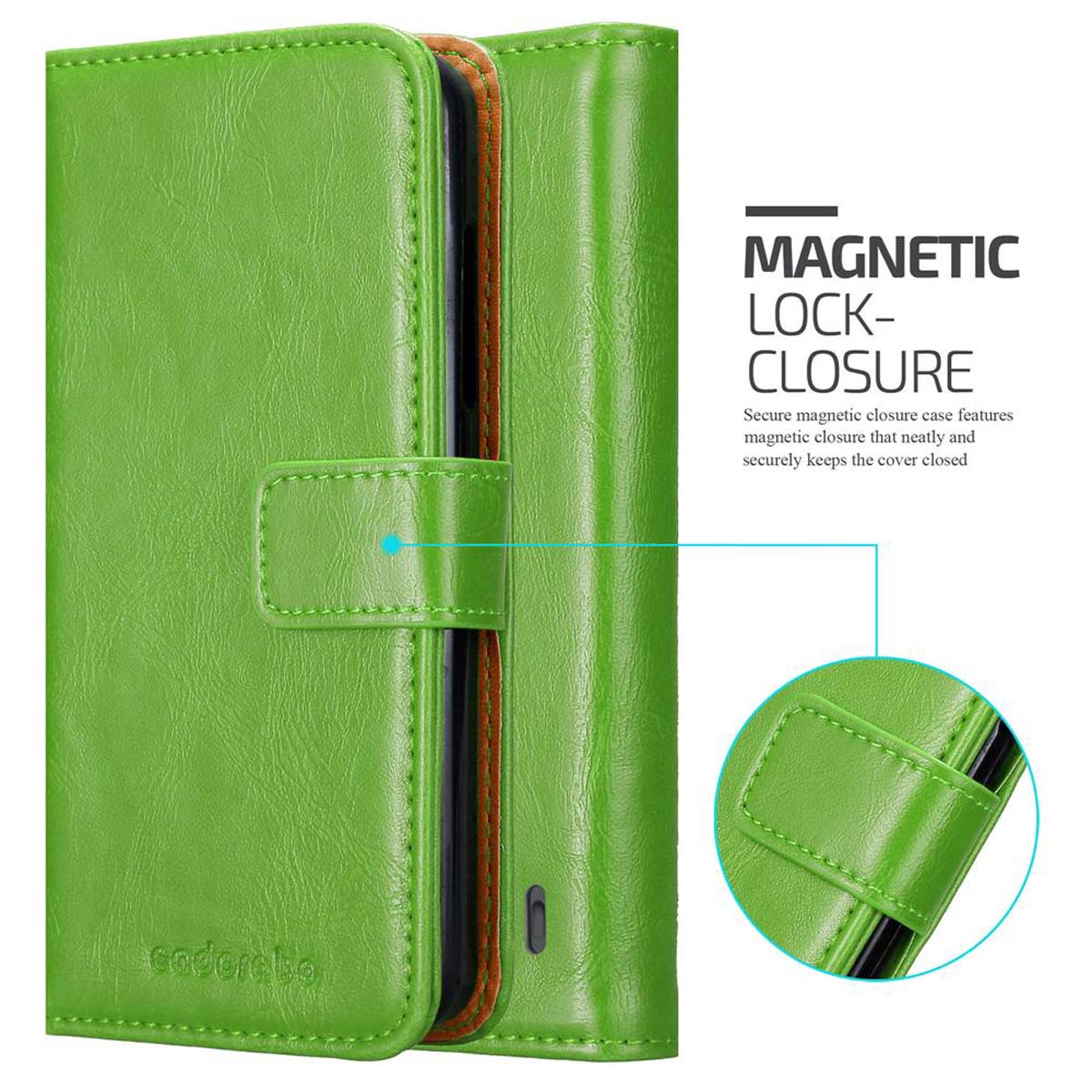 Custodia verde per telefono con chiusura magnetica. Testo: 'Chiusura magnetica'.