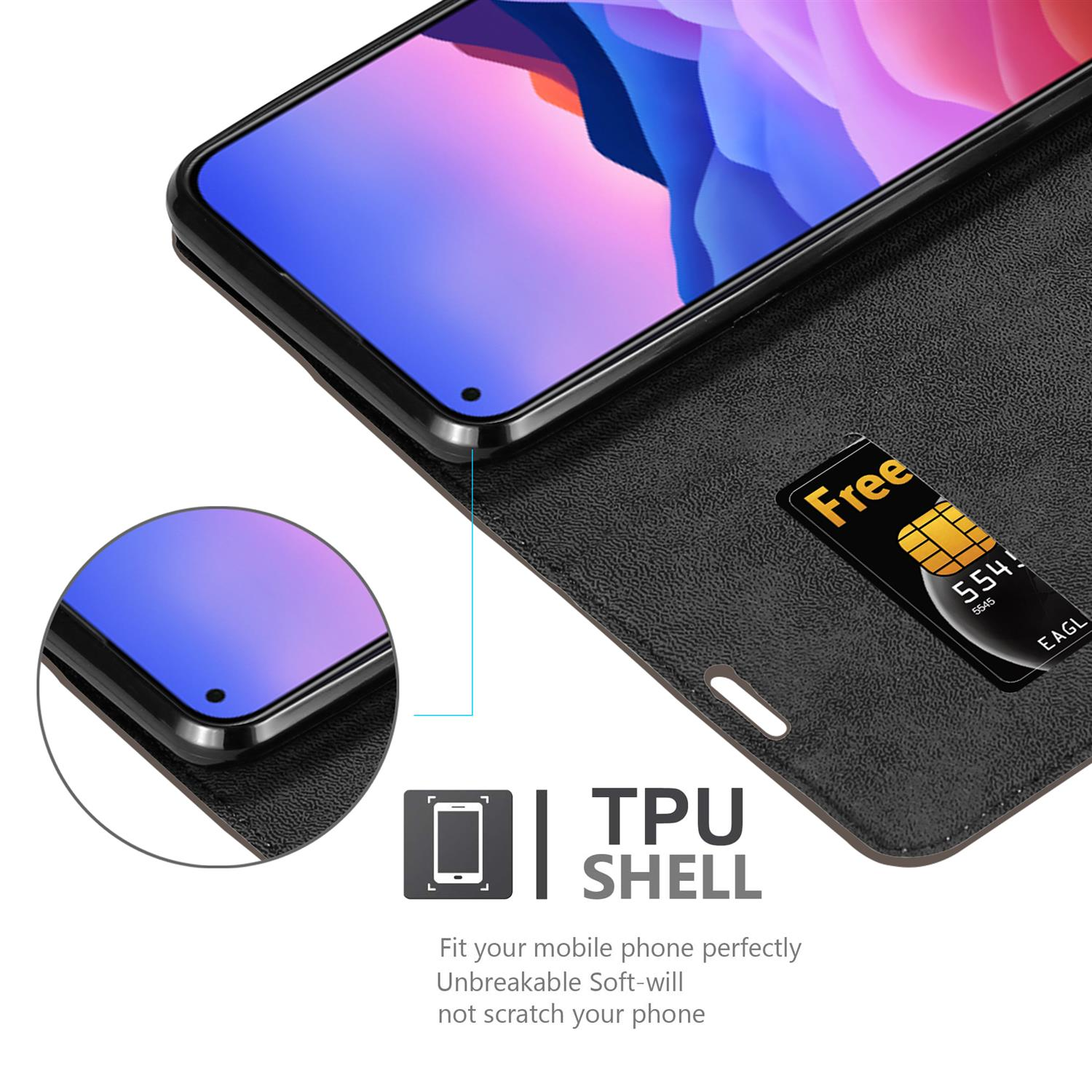 Schwarze Handyhülle mit Telefon und SIM-Karte, Text: TPU-Schale.