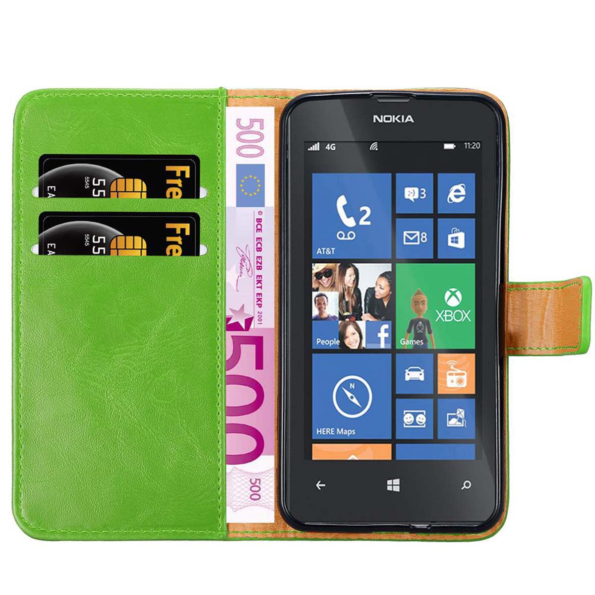 Telefono Nokia in una custodia a portafoglio verde e marrone. La custodia contiene due SIM card e una banconota da 500 euro.