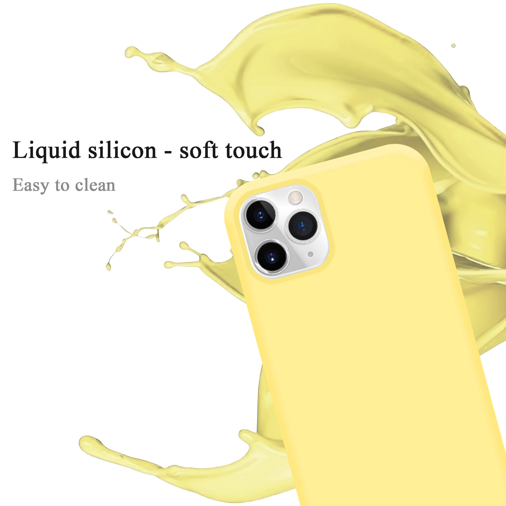 Custodia per telefono gialla con schizzo di vernice gialla. Il testo sull'immagine: Silicone liquido - tocco morbido.
