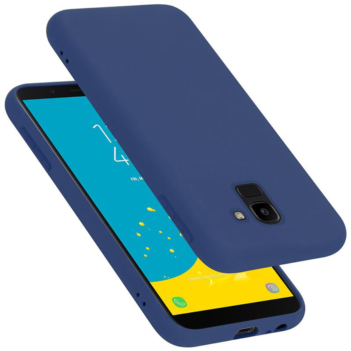 Custodia per telefono blu. Telefono blu all'interno. La custodia è aperta. Il telefono ha una fotocamera.