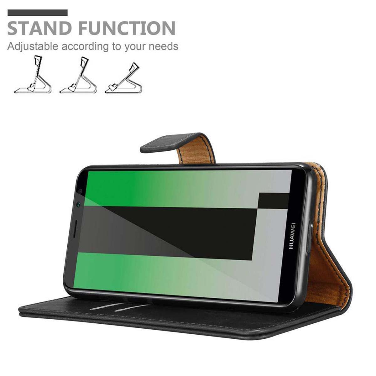 Custodia nera per telefono, aperta, con un telefono all'interno. Viene visualizzata la funzione stand. Sfondo bianco.
