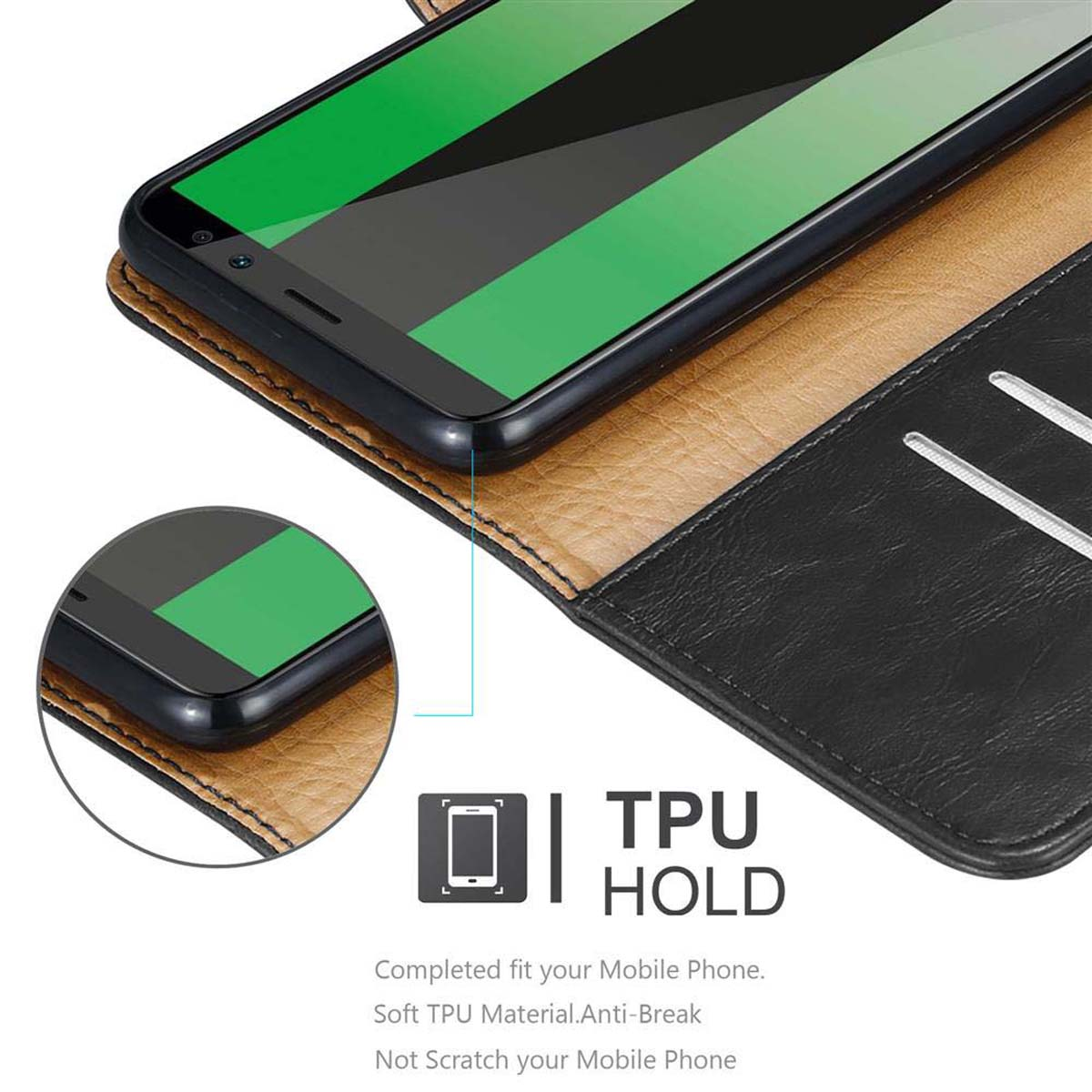 Custodia per telefono nera e marrone, con telefono all'interno, supporto TPU. Sfondo bianco.