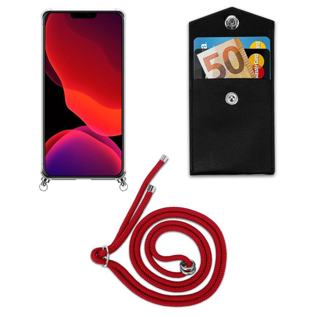 Custodia per telefono con telefono e cinturino. La custodia ha scomparti per carte e una piccola tasca.