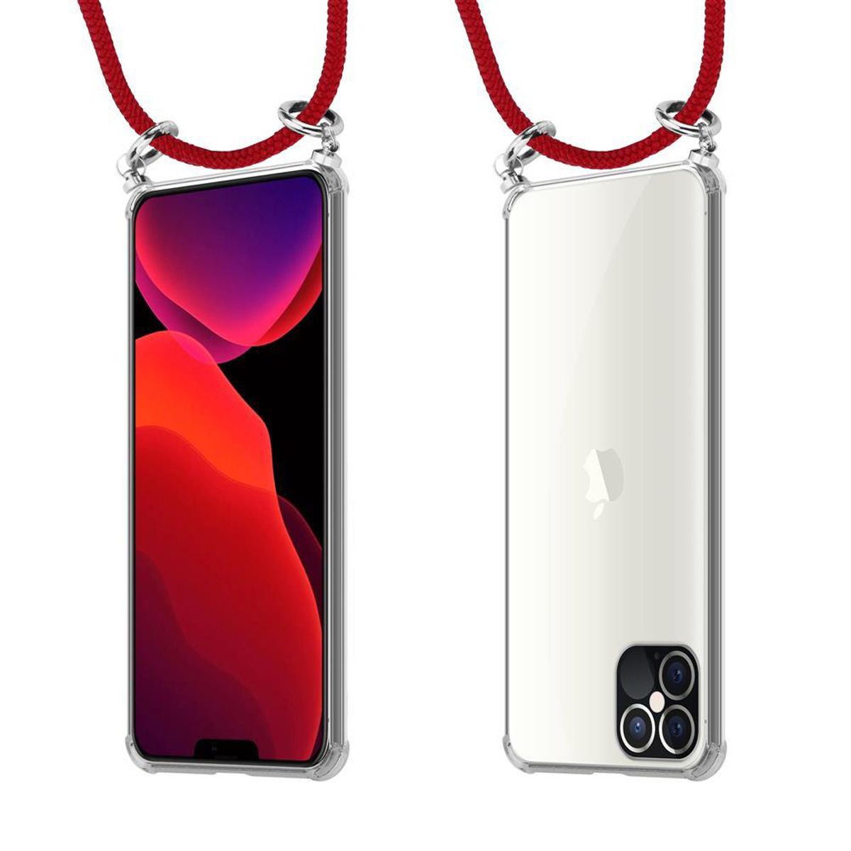 Due telefoni in custodie trasparenti con cinturini rossi. Una corda rossa e bianca sul telefono.
