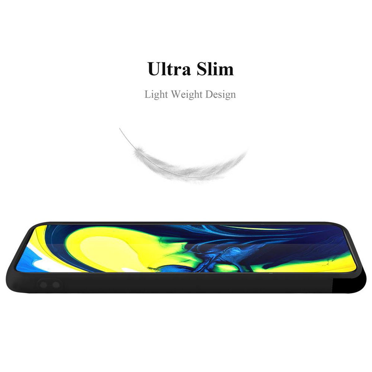 Una custodia per telefono nera con un telefono all'interno. Testo: Ultra Slim, Light Weight Design. Una piuma fluttua vicino.