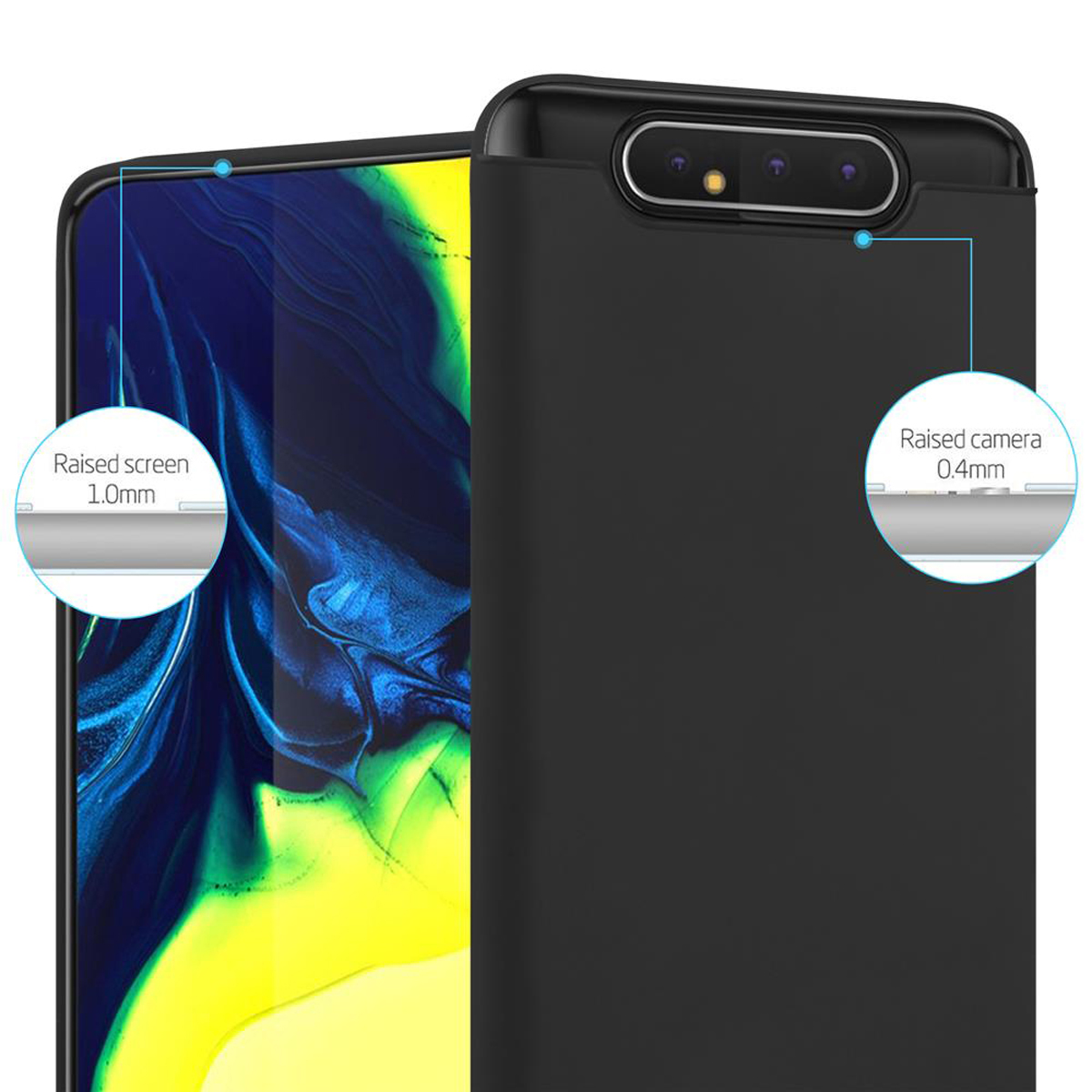 Custodia nera per telefono. Mostra schermo e fotocamera rialzati per protezione.