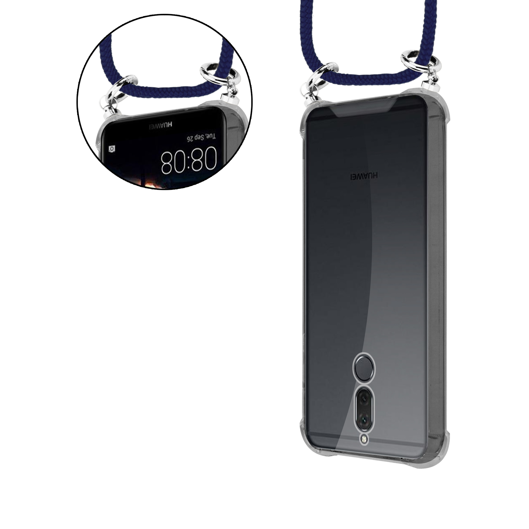 Telefon in transparenter Hülle mit blauem Umhängeband. Das Telefon zeigt die Uhrzeit.