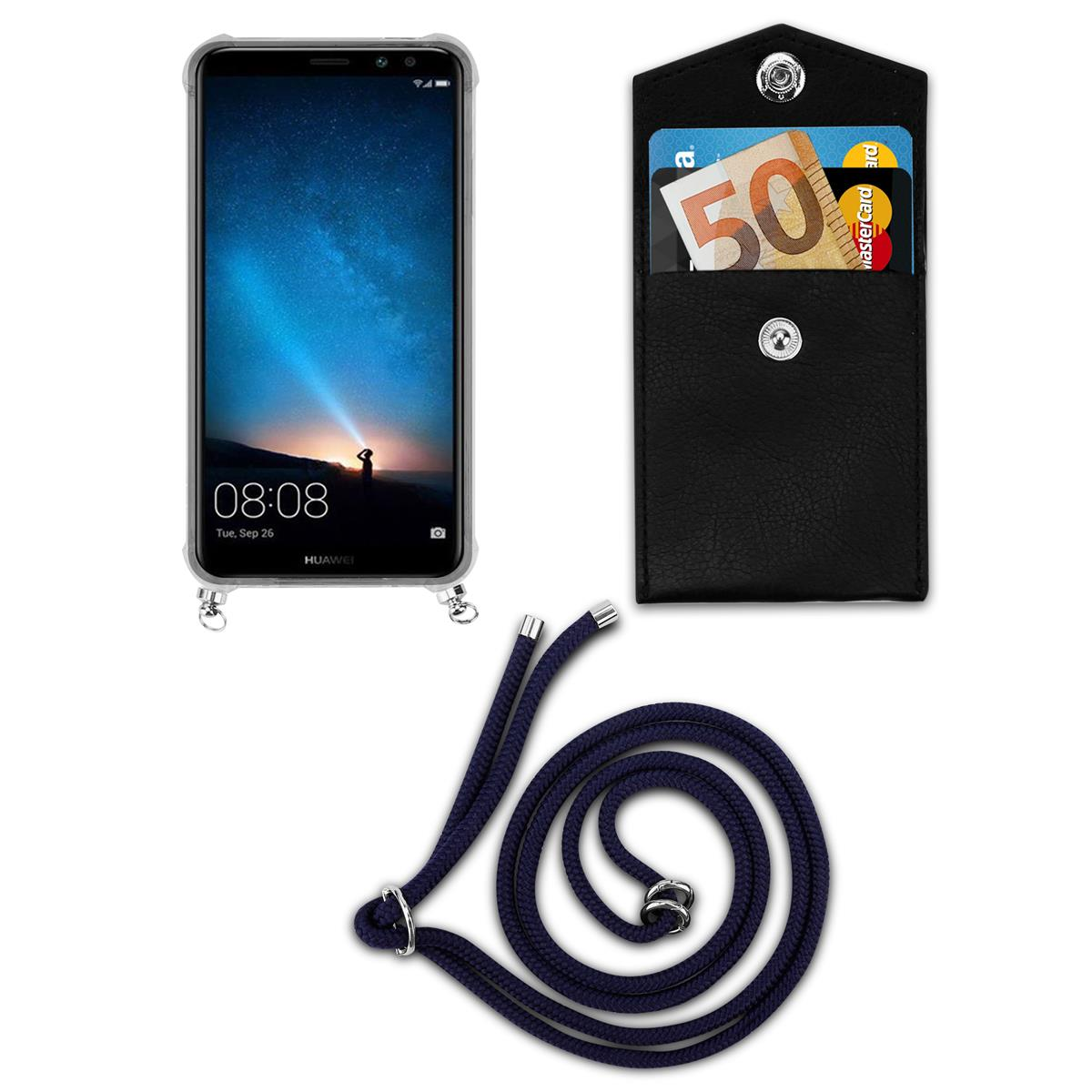 Telefon mit Band und Geldbörse mit Karten und Geld. Marineblaues Band.