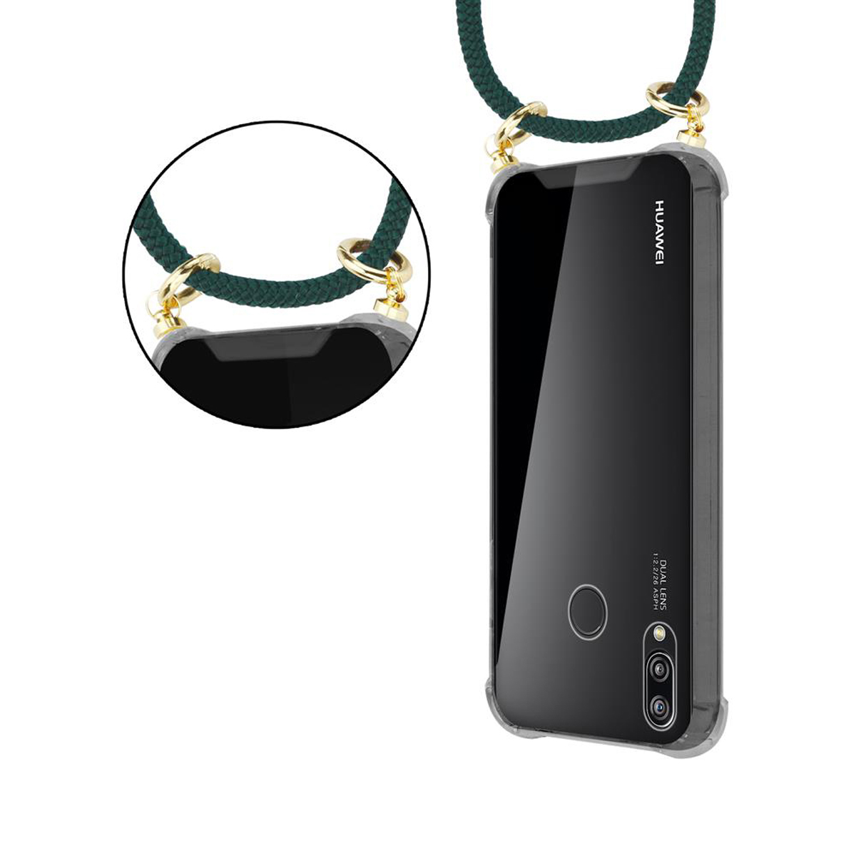 CADORABO Handy Kette mit Gold Kordel P20 LITE Huawei, Backcover, abnehmbarer und 2018 / NOVA 3E, Ringen, GRÜN Hülle, Band ARMEE