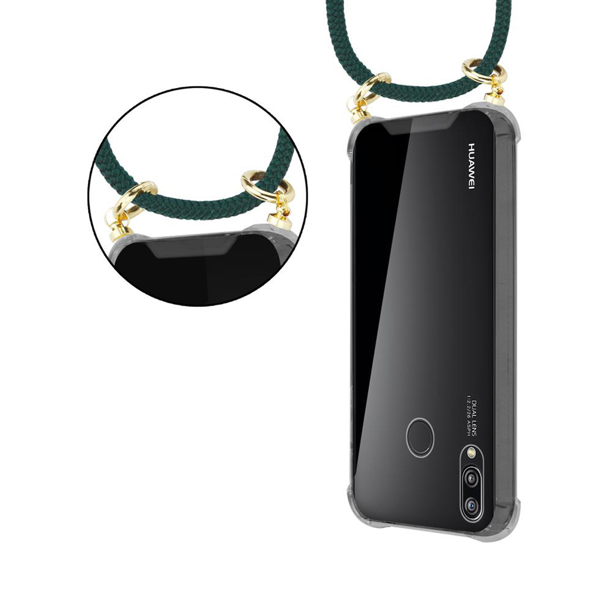Telefono in custodia trasparente con cordino. Il cordino è verde. Il telefono mostra la fotocamera.