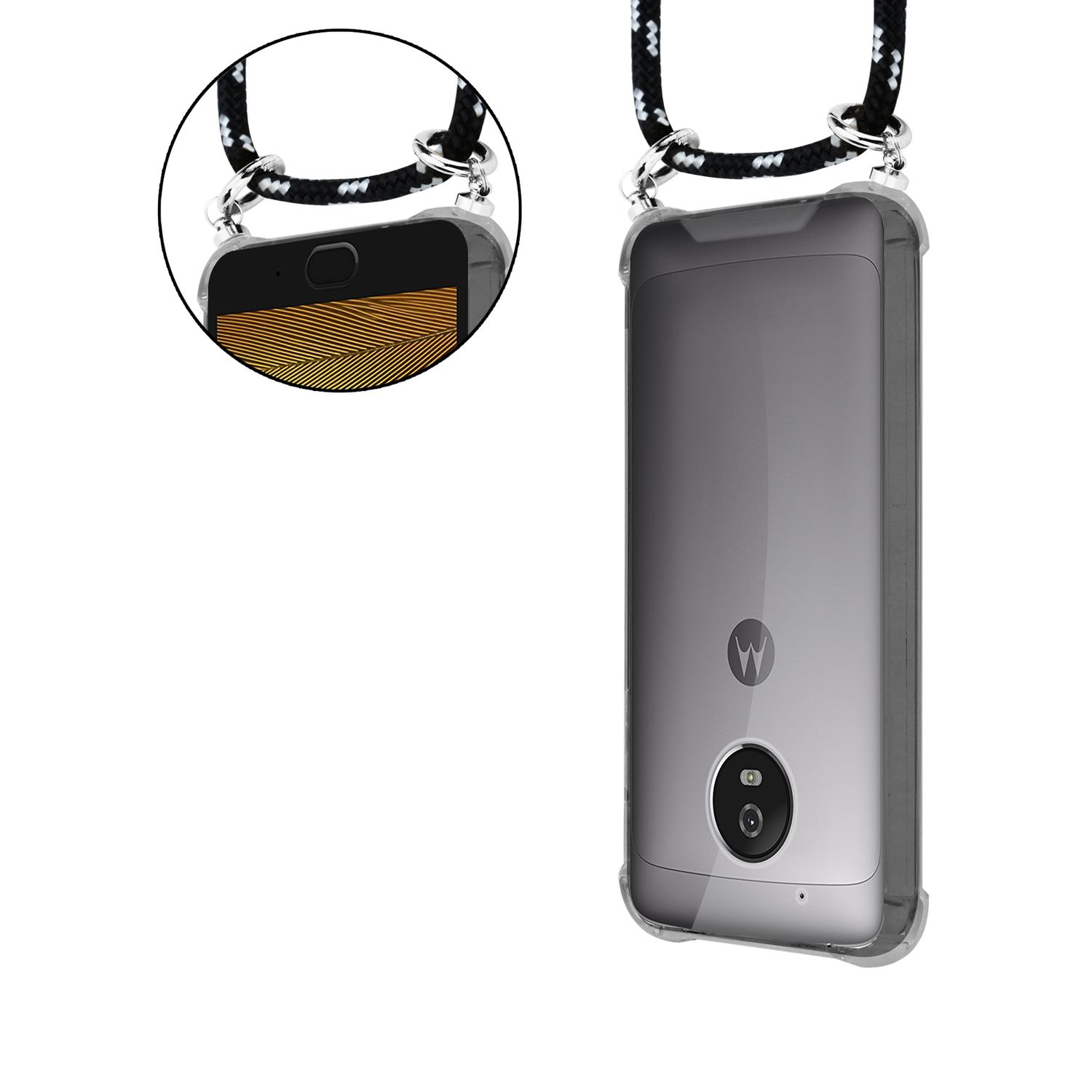 Telefon und Hülle mit einem schwarz-weißen Seil um den Hals. Das Telefon ist sichtbar.