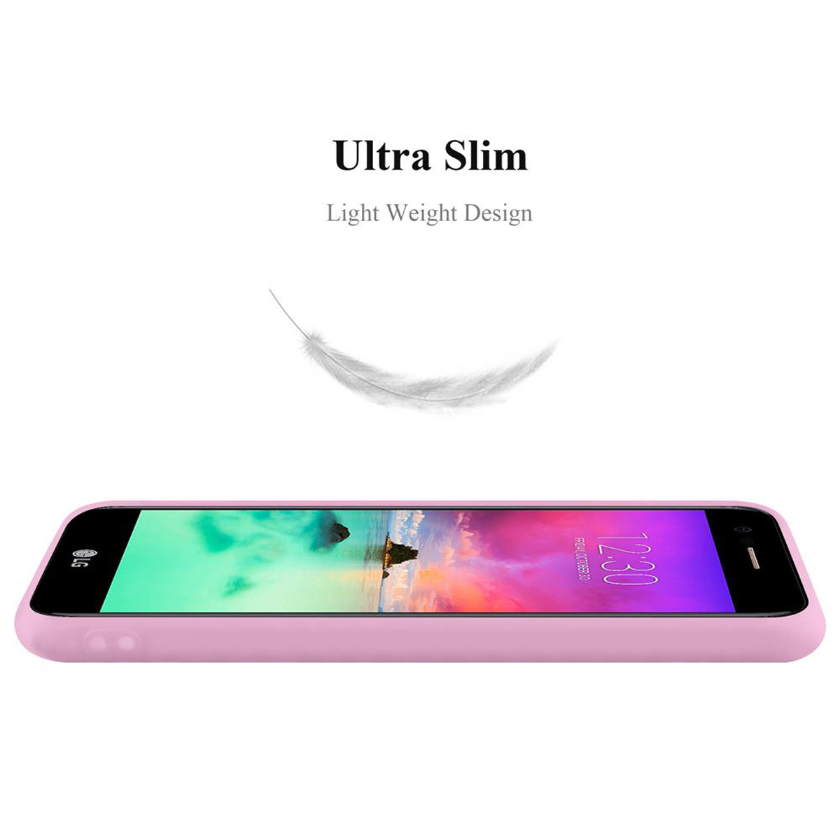 Rosa Handyhülle. Weißer Text sagt Ultra Slim, leichtes Design. Eine Feder in der Luft über dem Telefon.