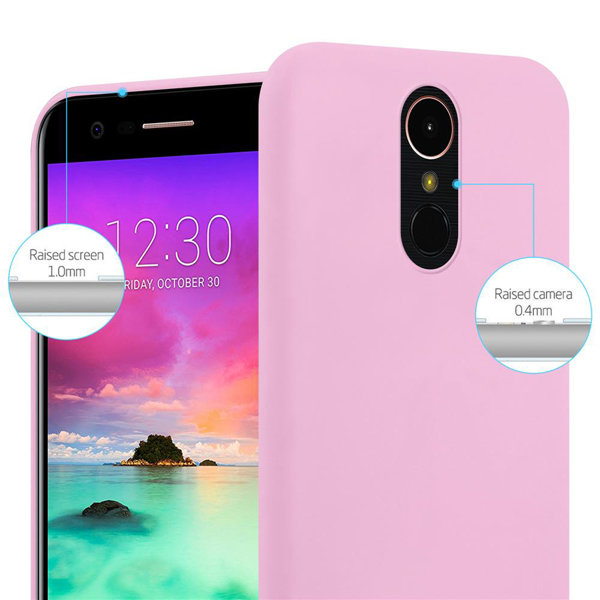 Eine rosa Handyhülle. Der Telefonbildschirm ist eingeschaltet und zeigt die Uhrzeit. Es gibt erhöhte Ränder.