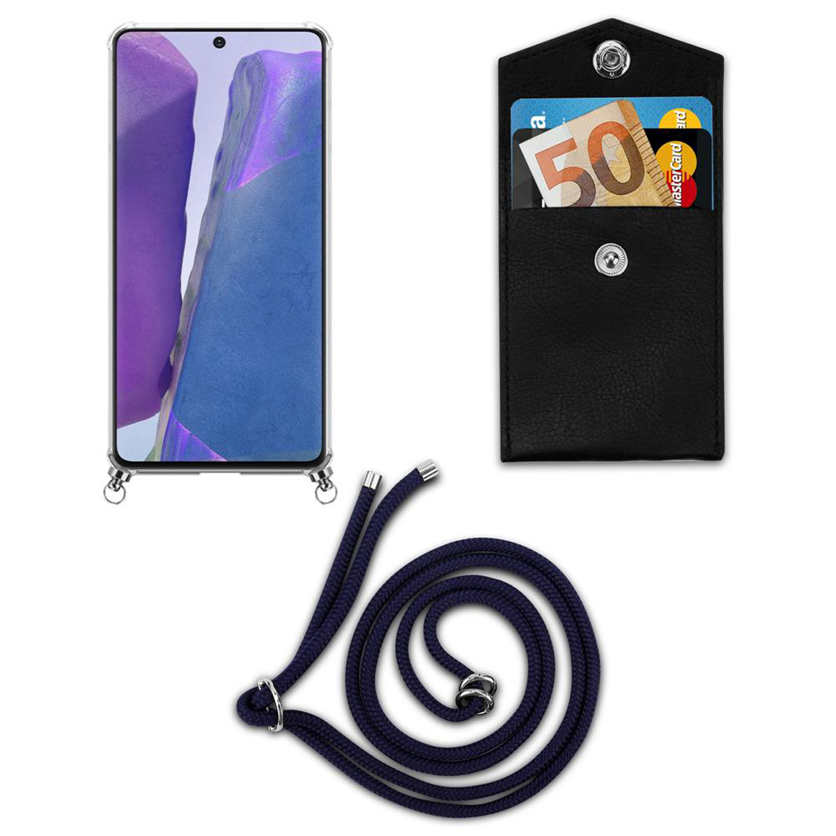 Telefono con schermo blu e custodia nera con cinturino, portafoglio nero e corda blu.