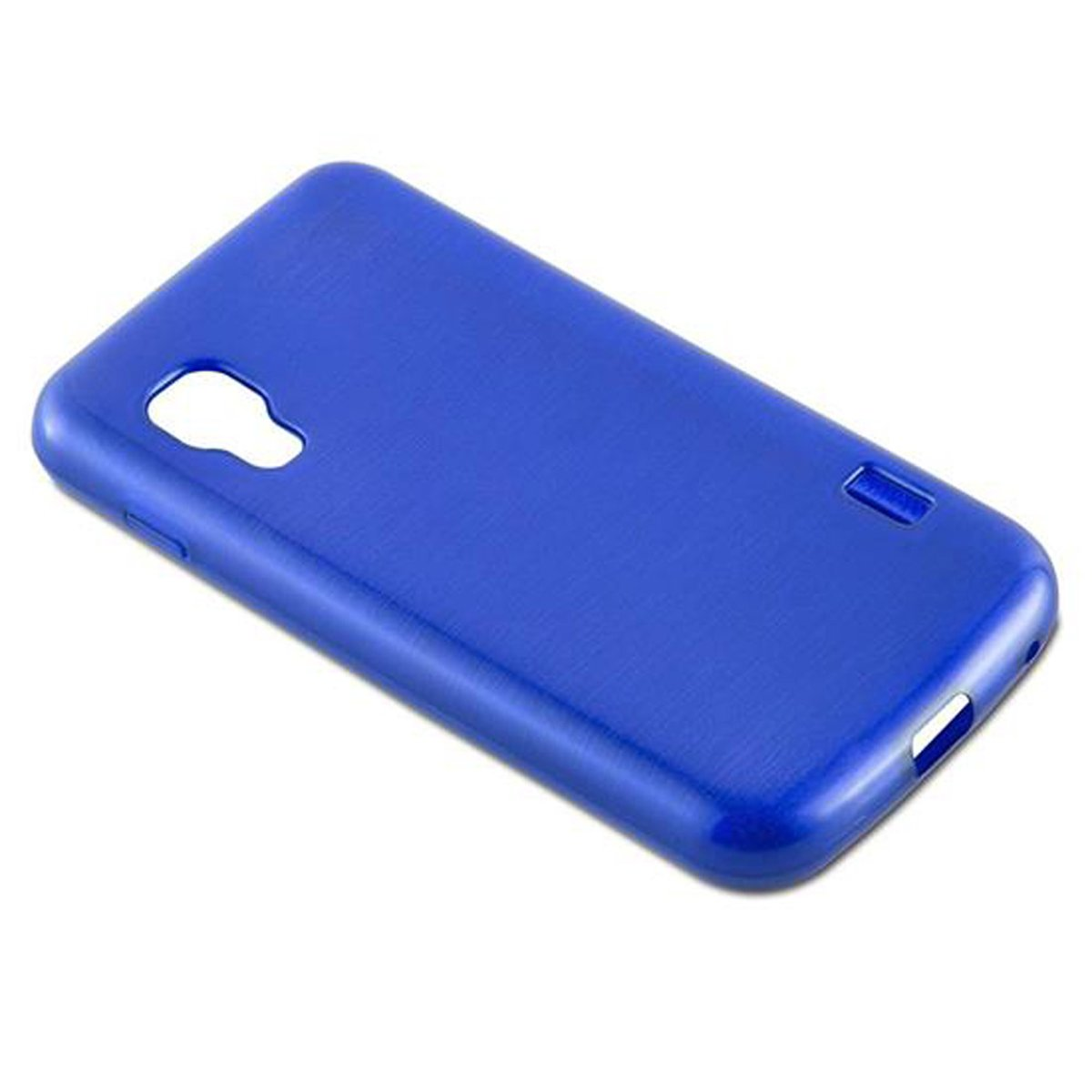Una funda de teléfono azul sólido. Tiene recortes para la cámara y otras funciones del teléfono.