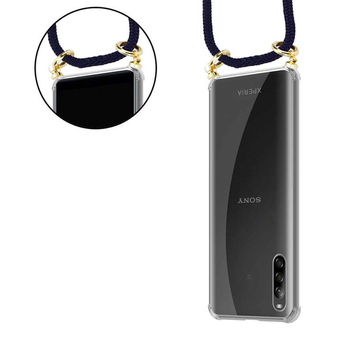 Un telefono Sony nero con un cordino. La custodia del telefono è trasparente.