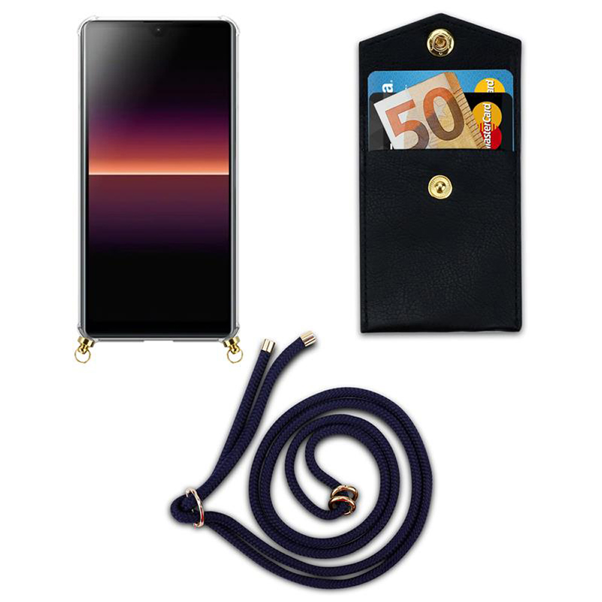 Telefono e custodia con cordino. Una custodia a portafoglio con denaro e carte. Una corda blu scuro.