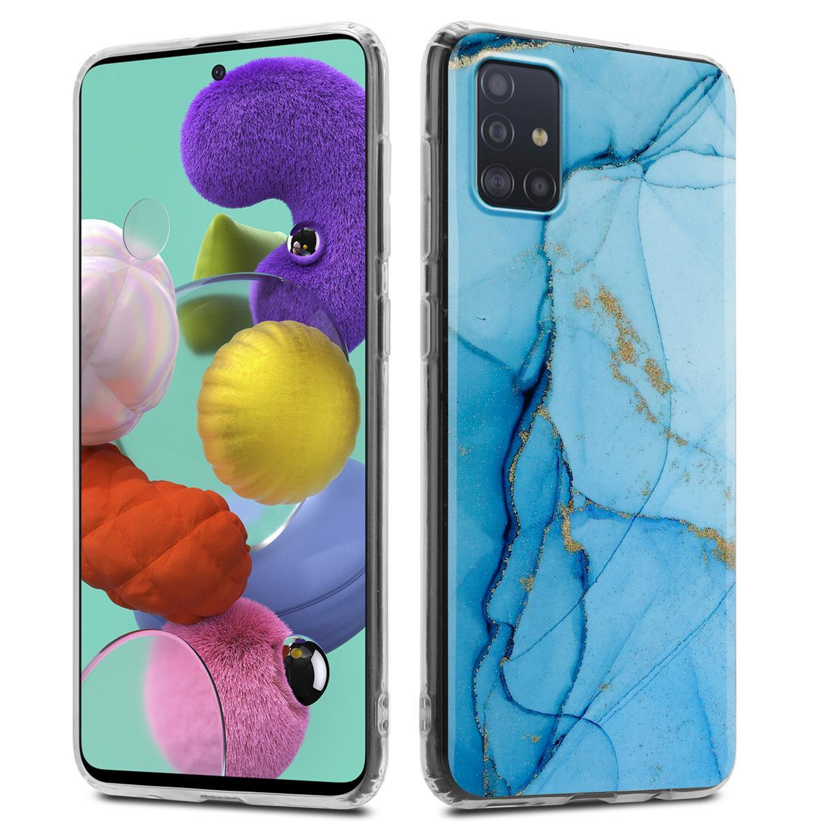 Due custodie per telefoni. Uno ha un telefono con un blob viola e una forma gialla. L'altro è blu.