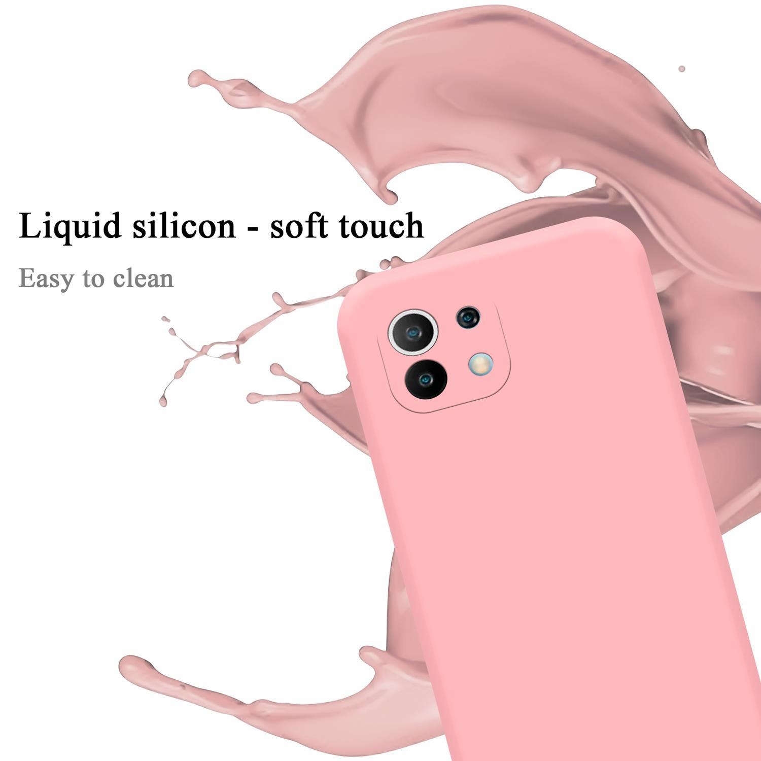 Una custodia rosa per telefono. Il testo dice 'Silicone liquido - tocco morbido'. Un telefono è visibile.