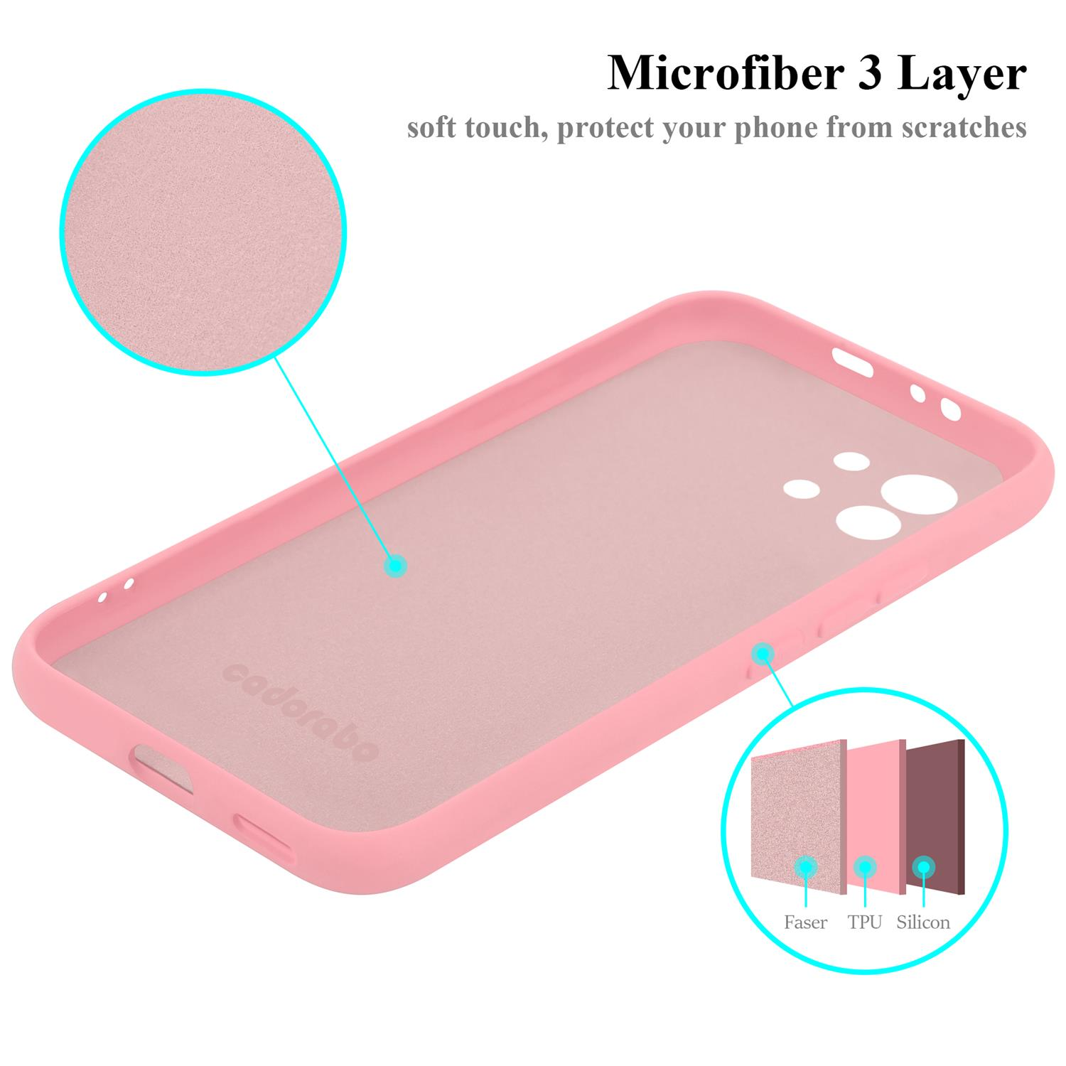 Custodia per telefono rosa che mostra strati di materiale, etichettati Faser, TPU e Silicon.