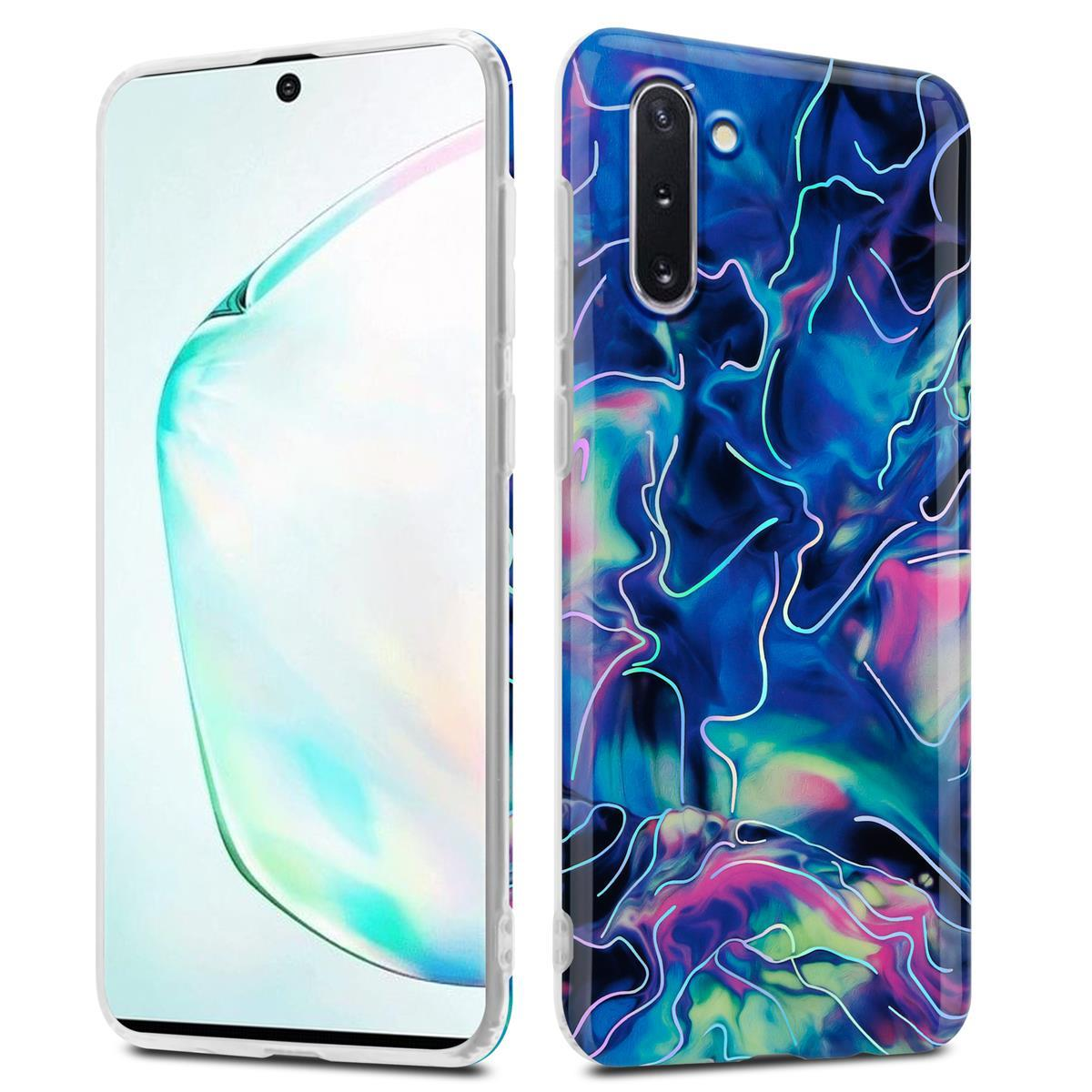Zwei Telefone, eines mit weißer Hülle und das andere mit blauer, abstrakter, gemusterter Hülle.