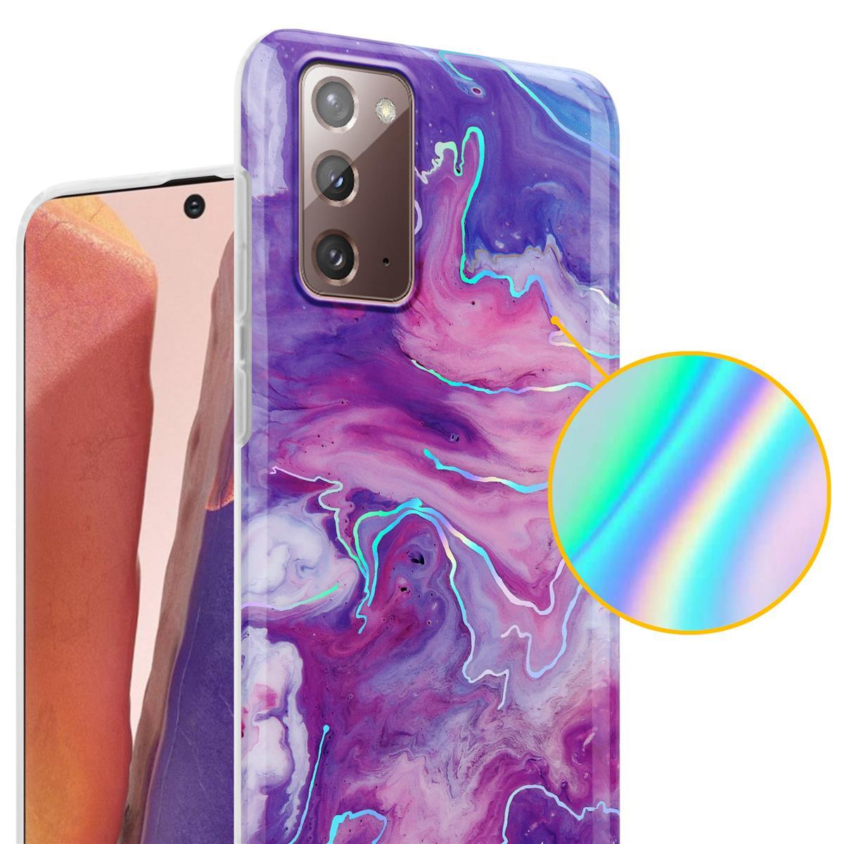 Custodia per telefono con design marmorizzato viola, rosa e bianco. Sono visibili anche un telefono e una lente d'ingrandimento.