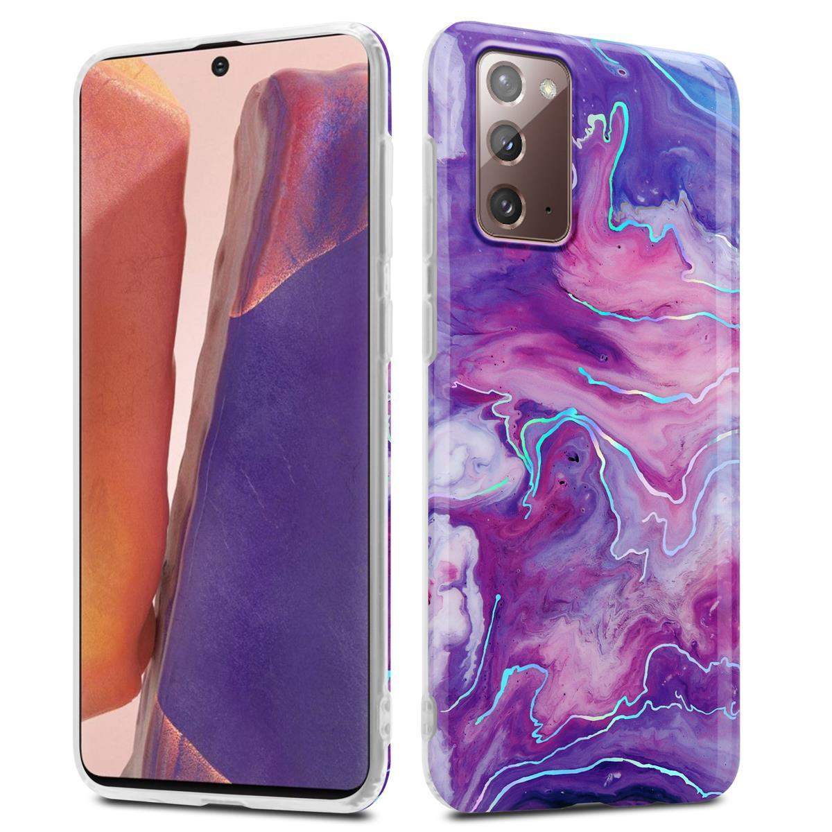 Due custodie per telefono. Una trasparente con telefono dentro, l'altra con design astratto viola.