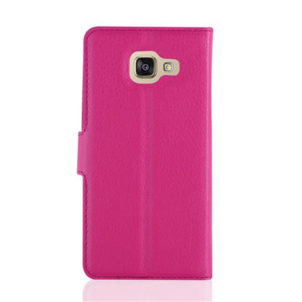 Custodia per telefono in pelle rosa con foro per fotocamera e chiusura per chiudere la custodia.