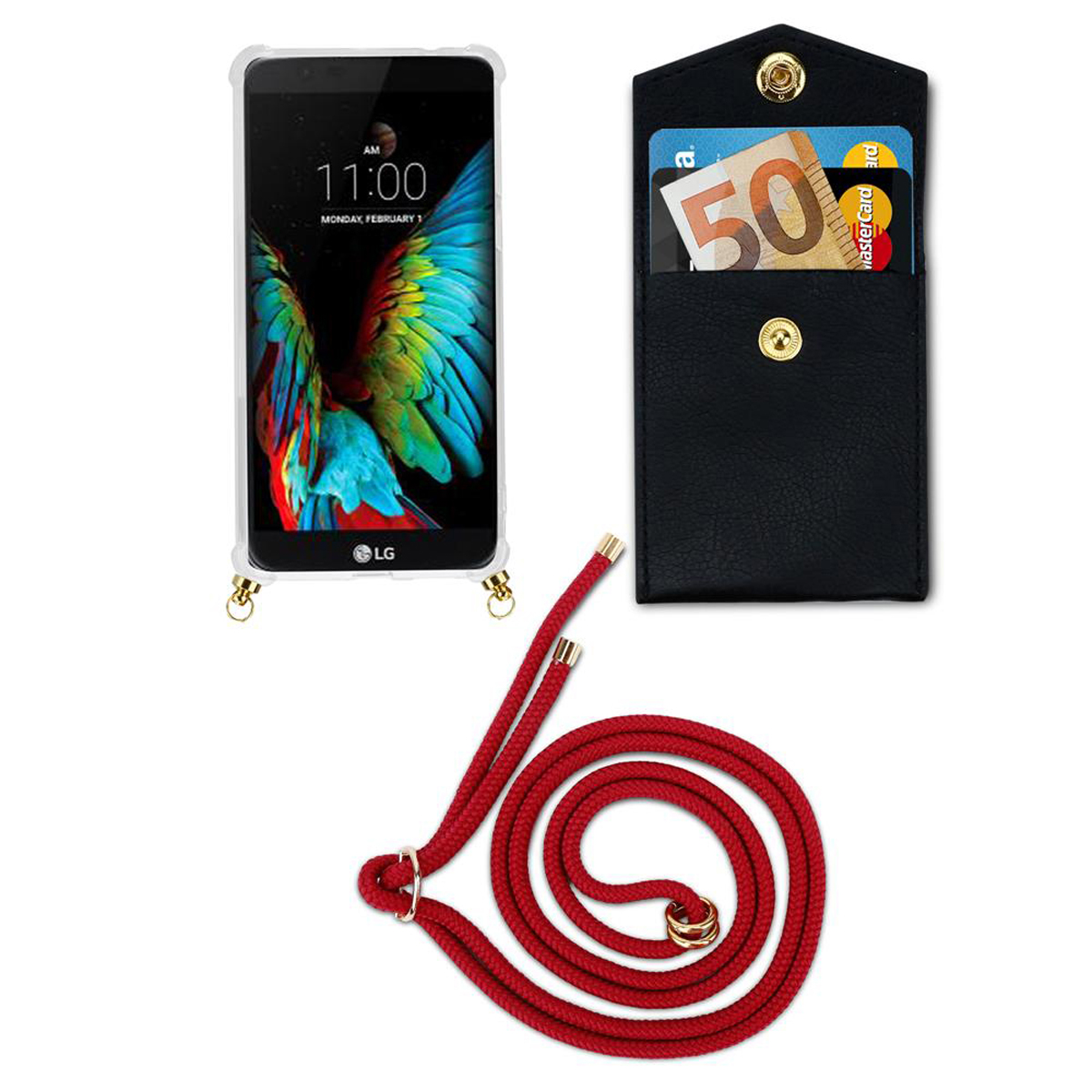 Telefon, schwarze Hülle mit rotem Seil, schwarzes Portemonnaie mit Geld und Karten.