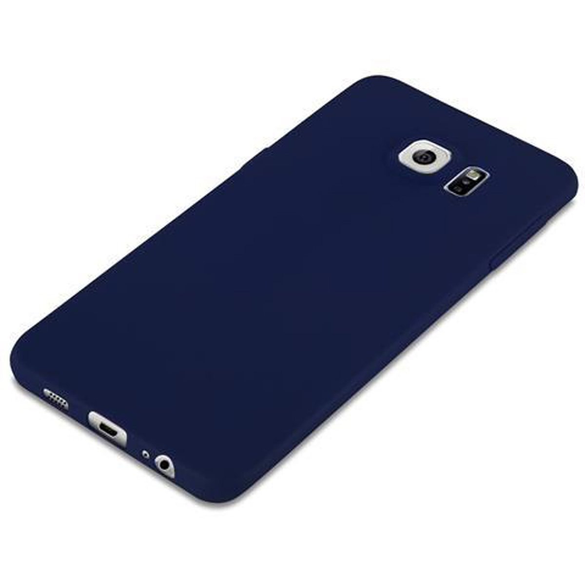 Custodia per telefono blu scuro. La custodia è a tinta unita e presenta aperture per fotocamera e porte.