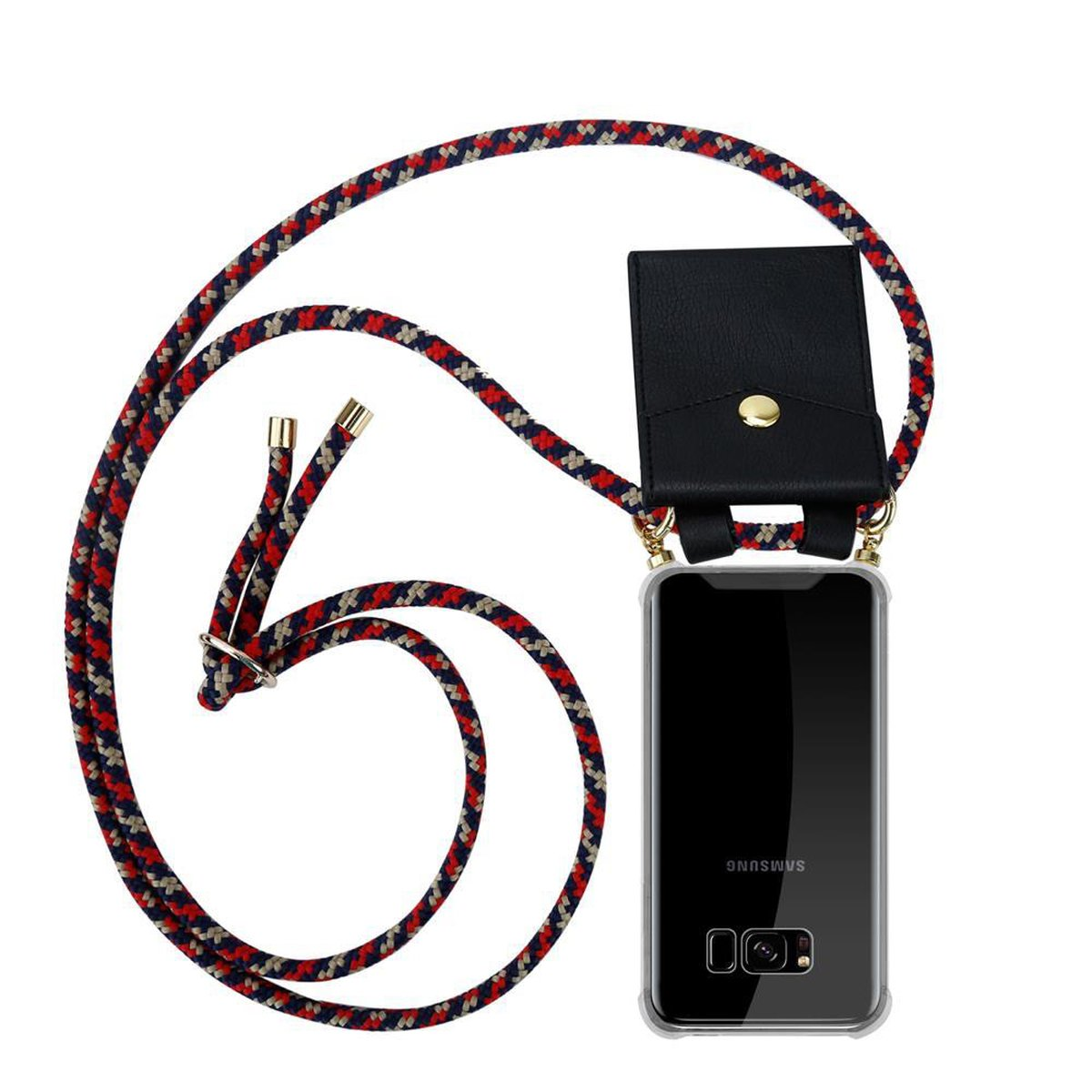 Una custodia trasparente per telefono Samsung con un astuccio in pelle nera e una corda rossa, beige e blu navy.