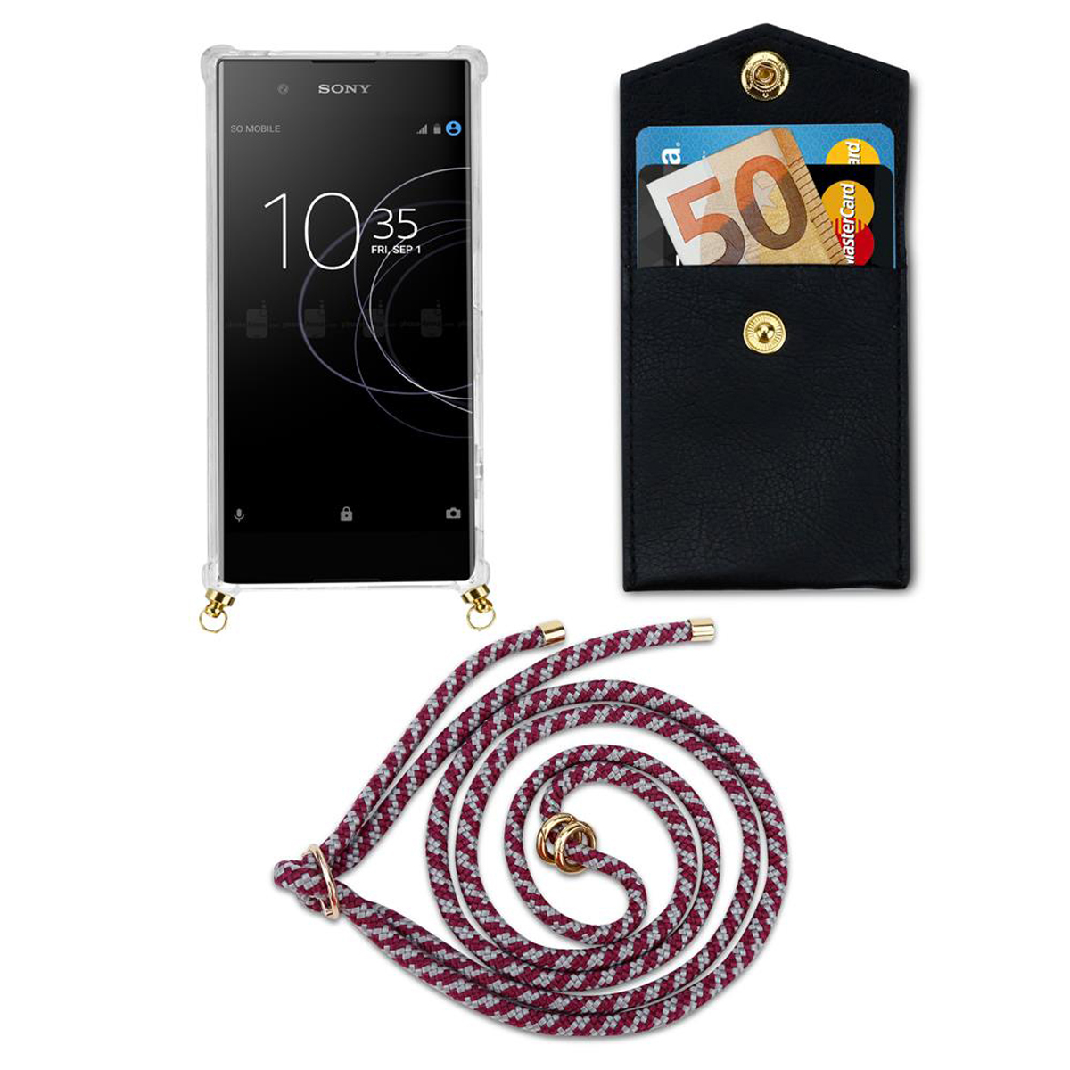 Handyhülle mit Telefon und Kartenfach. Das Telefon ist mit einem Halsband verbunden, mit Karten im Steckplatz.