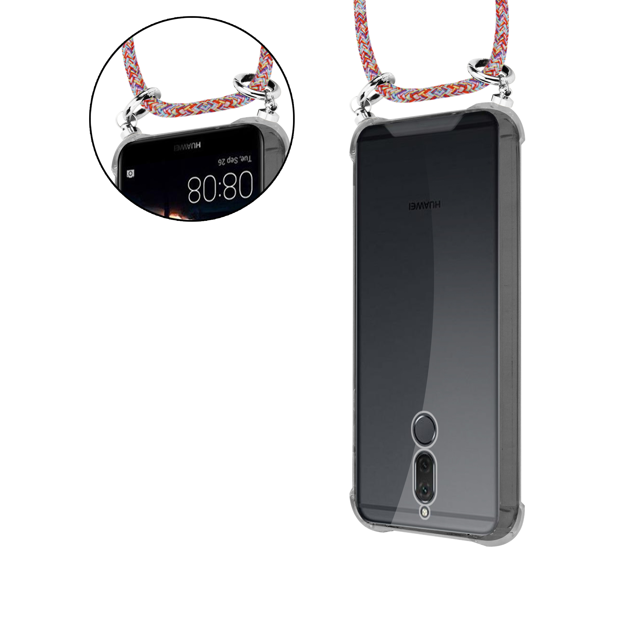 Ein Telefon in einer durchsichtigen Hülle mit Schlüsselband. Das Telefon zeigt die Uhrzeit an. Weißer Hintergrund.
