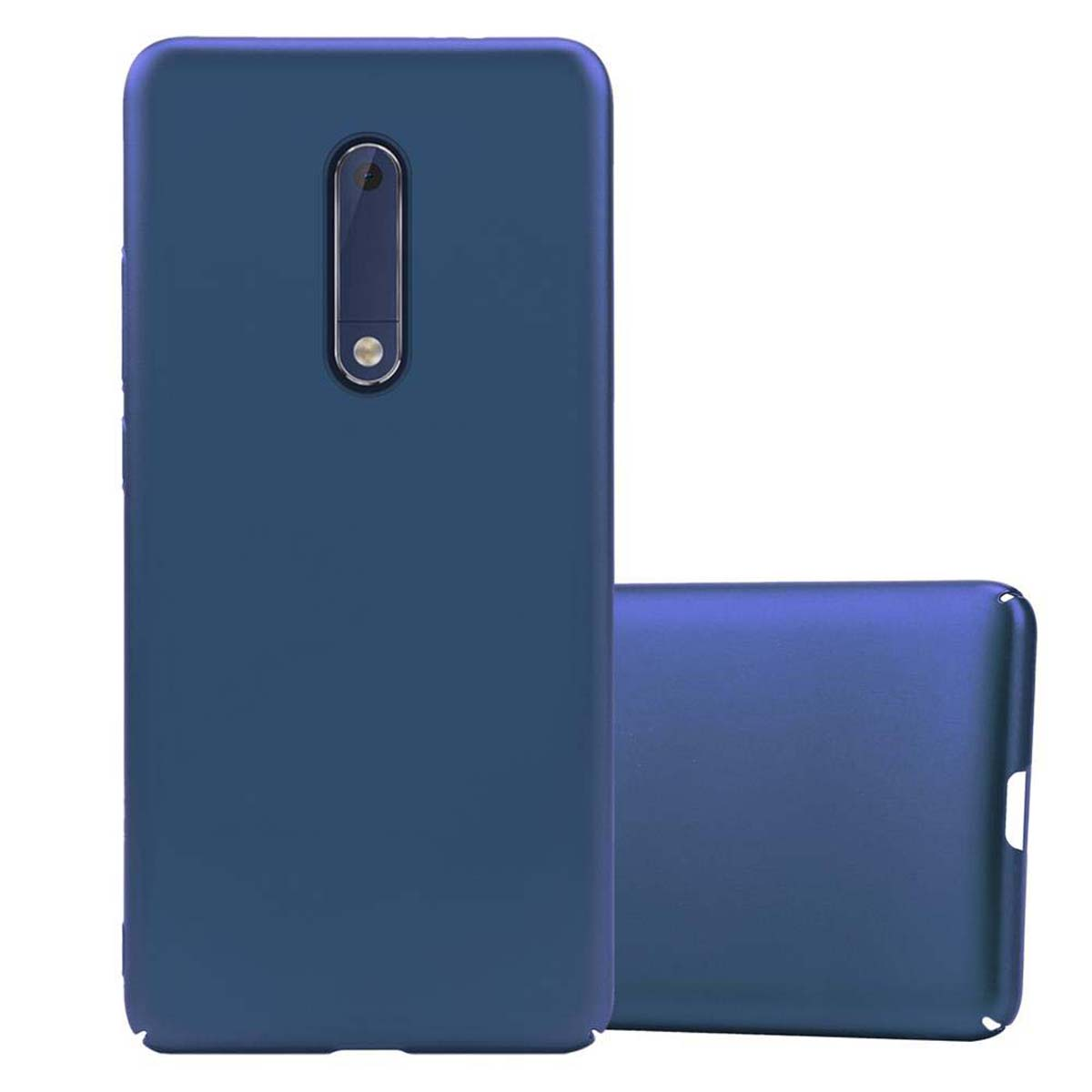 Custodie per telefono blu scuro. Una in piedi e l'altra sdraiata.