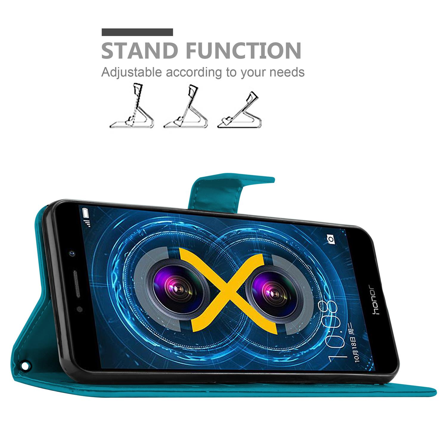 Telefono in custodia verde acqua, che mostra uno schermo con un design della fotocamera. La custodia ha una funzione stand.