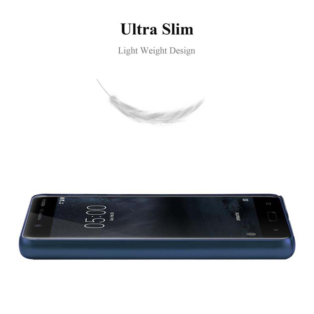 Telefono in custodia blu con grafica a piuma. Testo 'Ultra Slim' e 'Light Weight Design'.