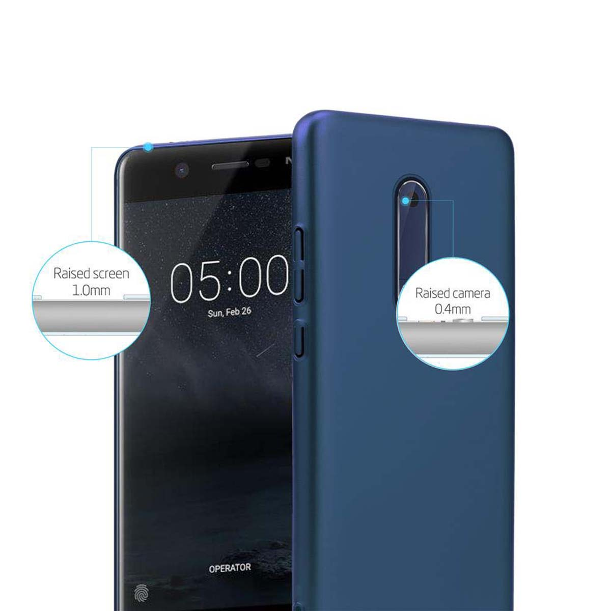 Una custodia blu per telefono con un telefono all'interno e le etichette indicano le aree rialzate dello schermo e della fotocamera.