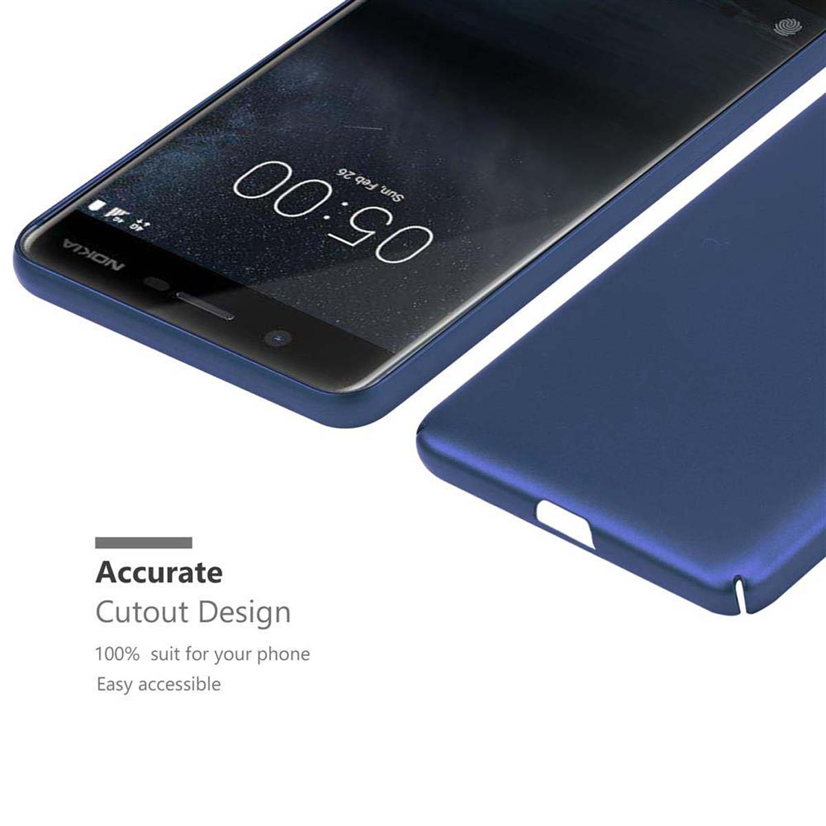 Custodia blu per telefono, metà telefono visibile. Testo: Design preciso. Adatto al 100%. Facile accesso.