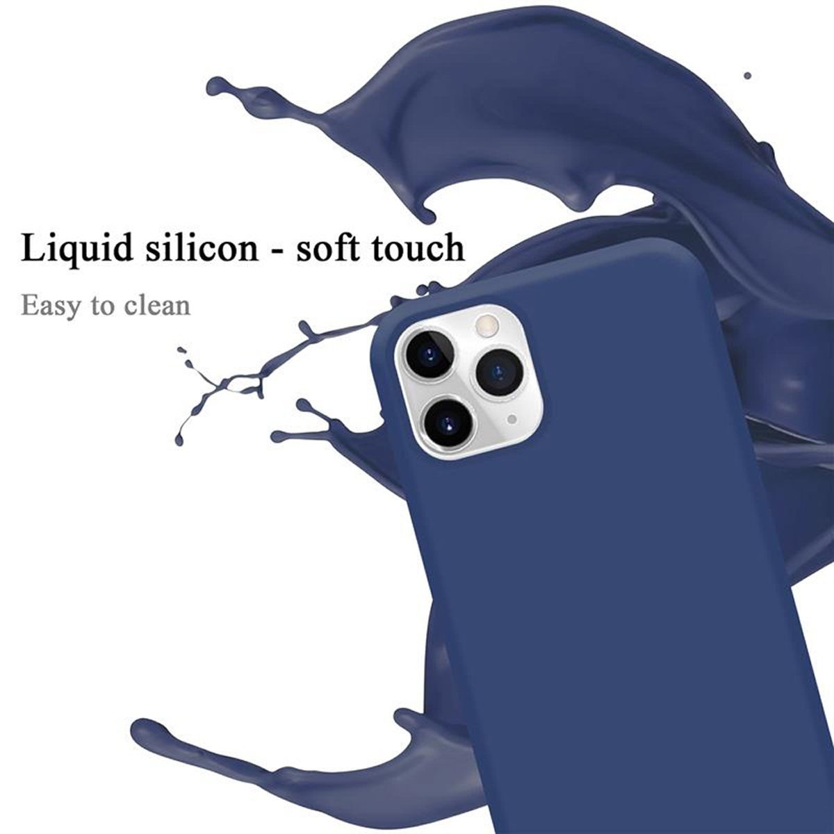 Primo piano di una custodia per telefono blu con uno schizzo di liquido blu. Testo soft touch visibile.