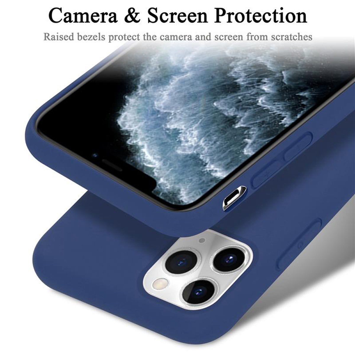 Una custodia blu navy che protegge il telefono. La custodia ha un bordo rialzato per la fotocamera e la protezione dello schermo.