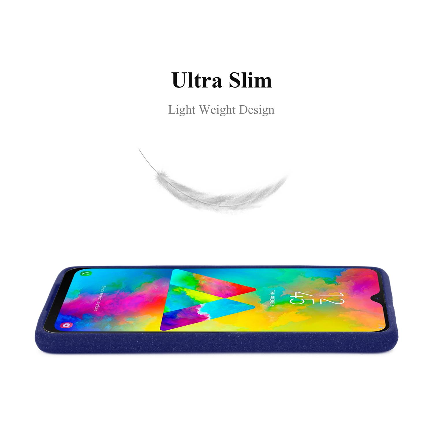 Telefono in una custodia blu. Testo: Ultra Slim, Light Weight Design. Una piuma nell'immagine.