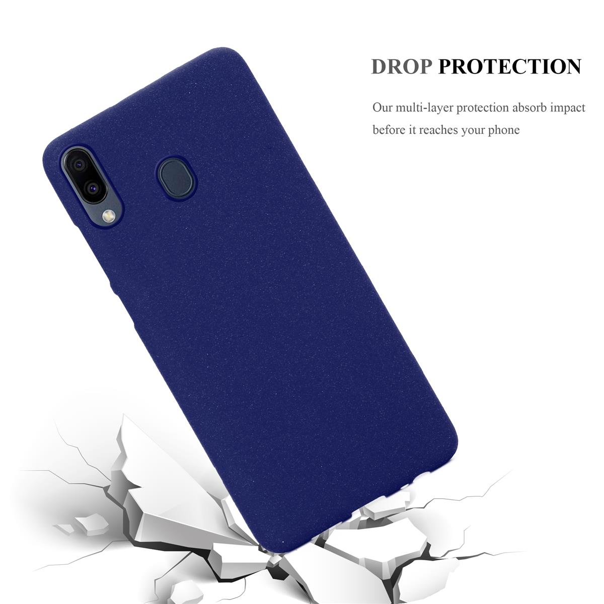 Custodia blu che cade su superficie crepata. Testo: Protezione dalle cadute. La protezione multistrato assorbe l'impatto.