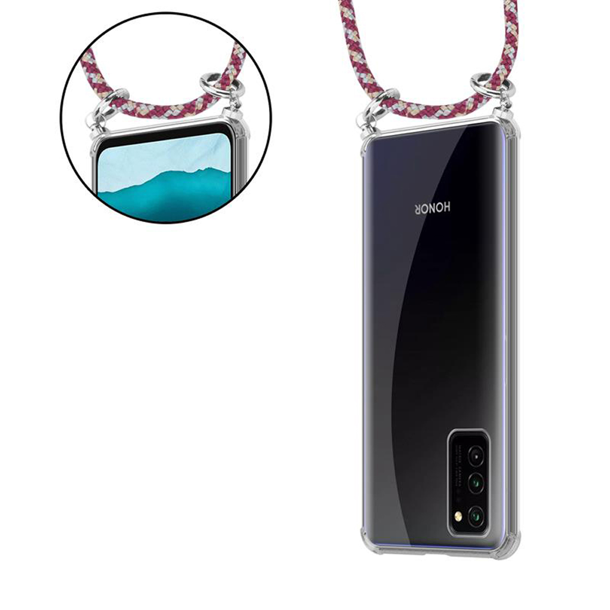 CADORABO Handy Kette mit Hülle, ROT View Silber und abnehmbarer Ringen, 30, GELB Backcover, Kordel Honor, WEIß Band