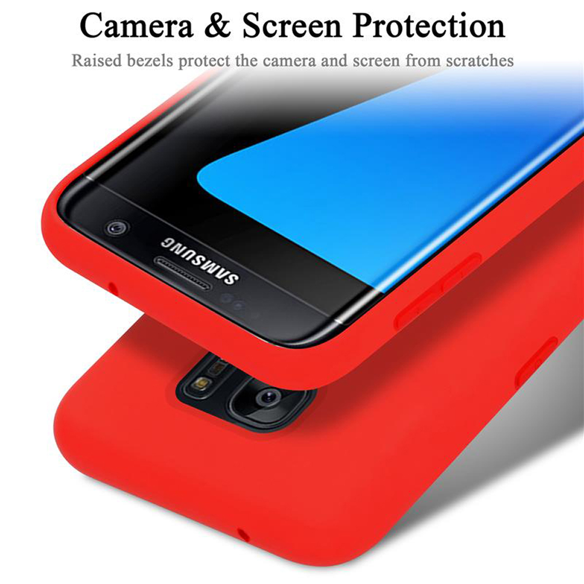 Eine rote Handyhülle schützt die Rückseite eines Samsung-Telefons. Der Text lautet Kamera- und Bildschirmschutz.