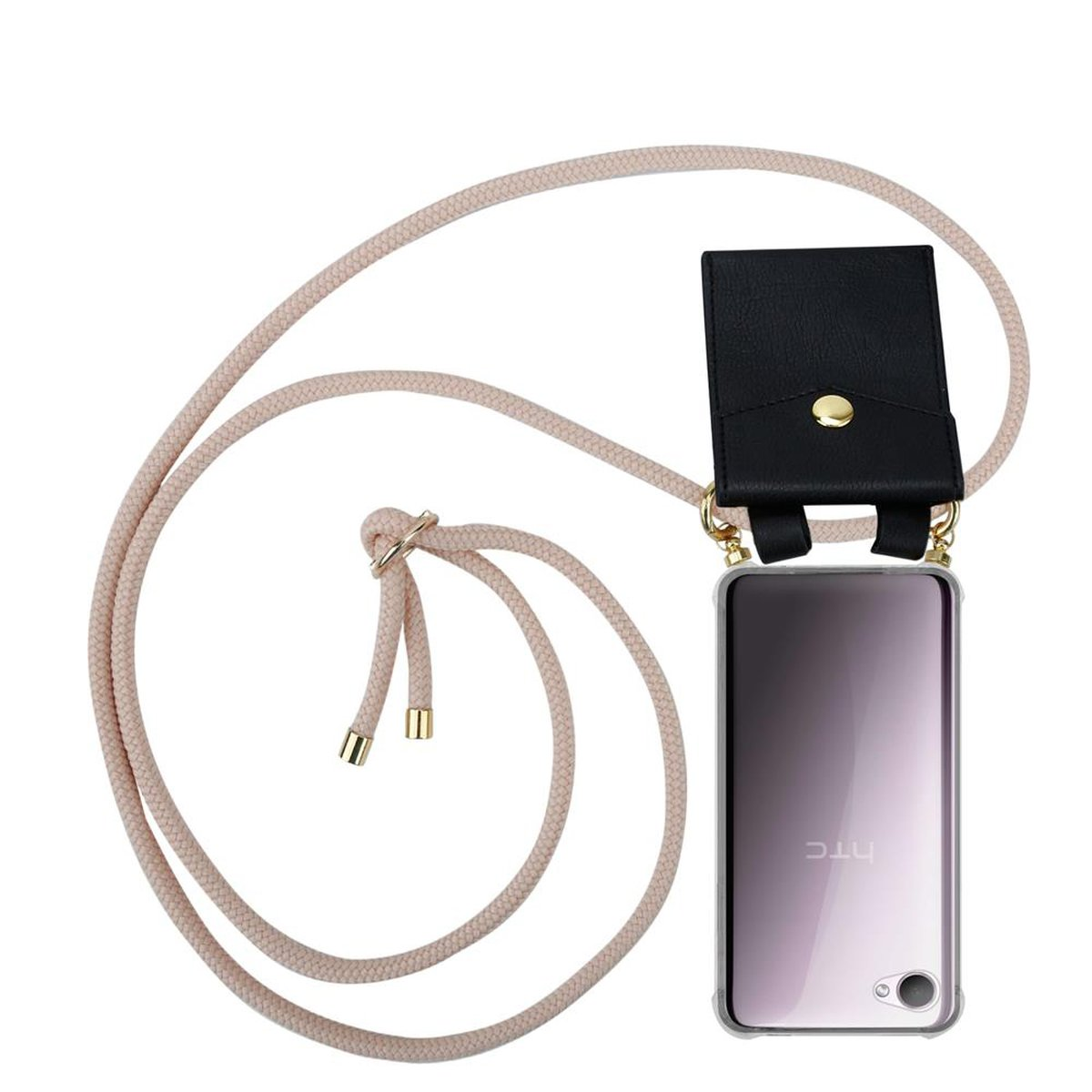 Beiges Kordel-Telefon-Lanyard mit schwarzem Etui und klarer Handyhülle.