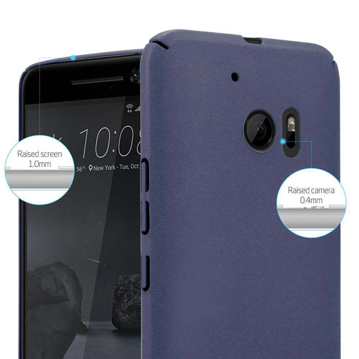 Custodia blu con schermo e fotocamera rialzati. Il telefono mostra le 10:00.