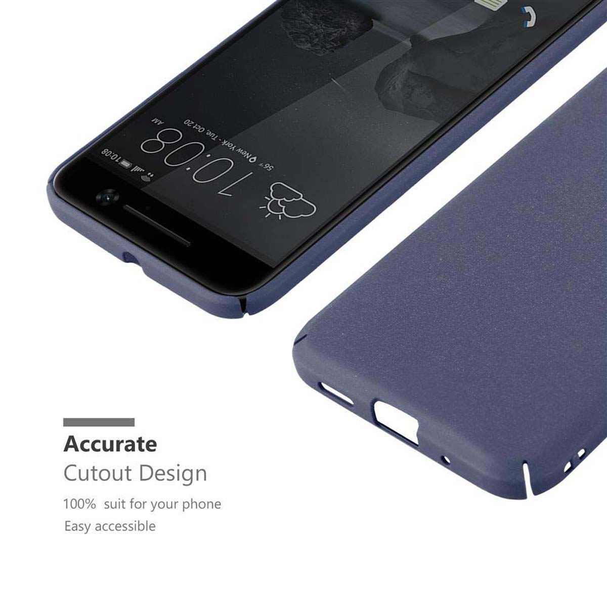 Un telefono e custodia blu, con le parole 'Accurate Cutout Design' e altro testo.