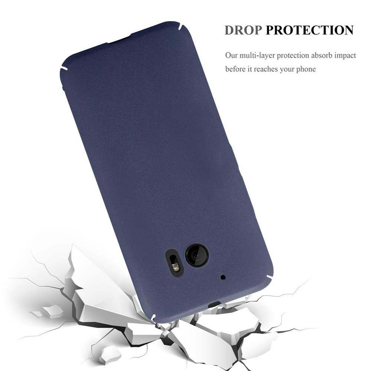 Custodia blu per telefono con messaggio di protezione dalle cadute, superficie incrinata sotto.